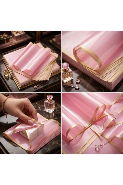 Lüks Altın Kenarlı Pembe Çiçek Buket Kağıdı Mat OPP Su Geçirmez Ambalaj Kağıdı - 54.5 cmx54.5 cm - 5 Adet