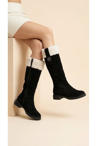 Moda Lime Women's Fur Detailed Suede Look Zippered Short Heeled Boots