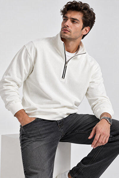Lizbon Style Relax Fit Rahat Kesim Pamuklu Yarım Fermuarlı Dik Yaka Sweatshir...
