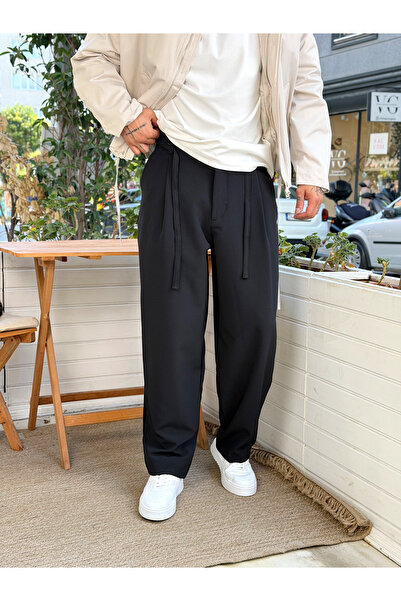 manch collection Beli İpli Pileli Kore Kesim Pantolon Siyah 267056