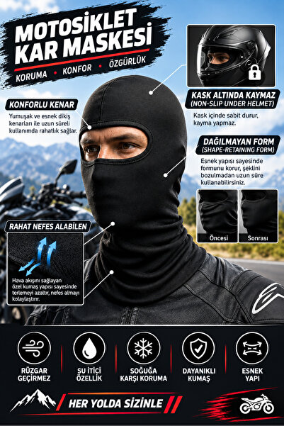 SRSMOTO Motosiklet Kar Maskesi Siyah Balaklava – Soğuk Hava, Rüzgar ve Toz Ko...