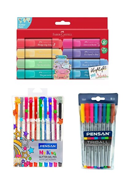 Faber Castell Üçlü Bullet Journal ve Not Tutma Seti 8'li Pastel Fosforlu + Pensan Myking 10'lu Simli