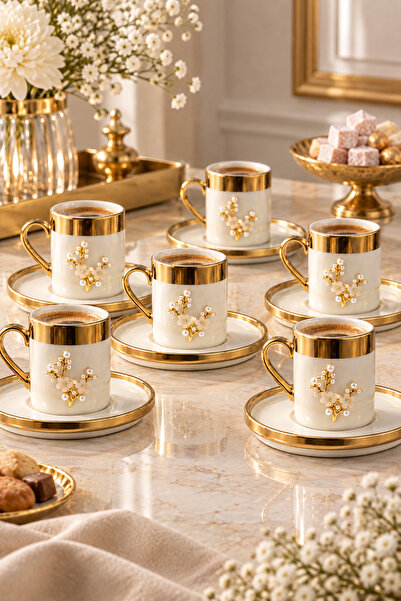 YzHome 6-Person Luxury White Gold Gilded Pearl Lotus Coffee Cup Set 100ml