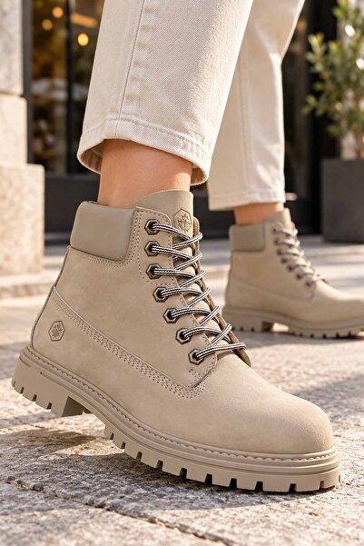 lumberjack Women's Beige Daily Boots Lace-Up Thick Sole Non-Slip Sole Casual ...