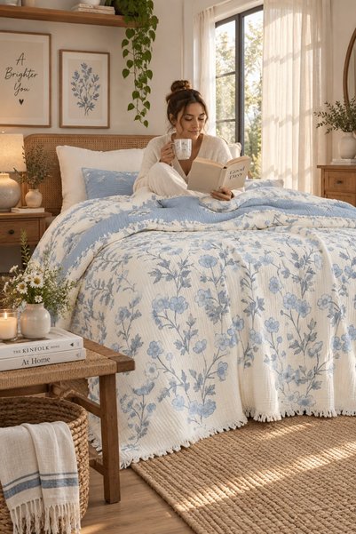 HB&Victory 6 Layer Jacquard Muslin Quilt Bedspread Double-Sided Teal Double Size 220X240 cm
