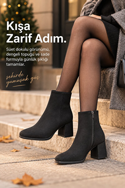 Miss Kiss Kadın Topuklu Bilek Bot Fermuarlı Kalın Blok Topuk Kışlık Günlük Şı...