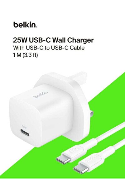 Belkin شاحن هاتف مزود بمقبس USB-C بقدرة 25 واط وكابل USB-C بقدرة 60 واط (طوله...