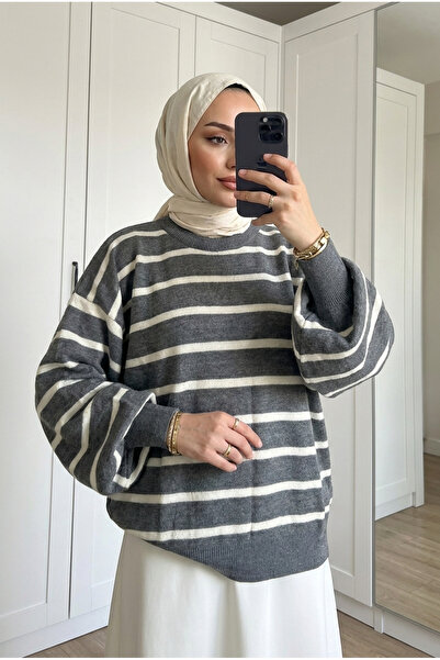 Kirazca Butik سترة تونيك نسائية مخططة بأكمام بالونية كبيرة الحجم مقاس 70 سم