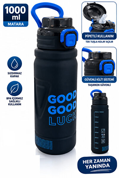 GÜZELYÜZ AVM Siyah Good Luck Matara Kilitli Kapak Pipetli 1000 mL Suluk Kapak...