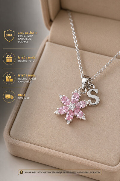 PURE BERRY Harfli Kişiye Özel Lotus Kolye Pembe Taşlı 316L Çelik Zarif Kolye(...