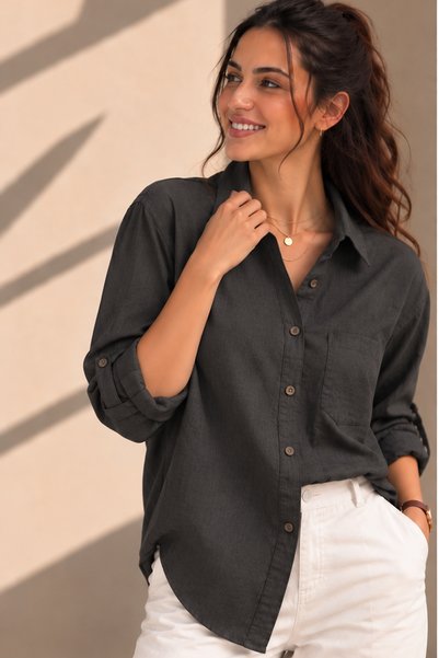 Norando Kadın Oversize Gömlek Charcoal %100 Pamuk