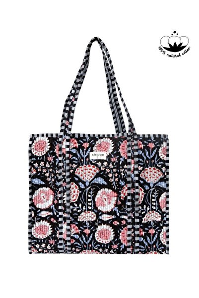 Strippe Floral Desenli Siyah Pamuklu Kumaş Günlük Omuz Çantası - Tote Bag