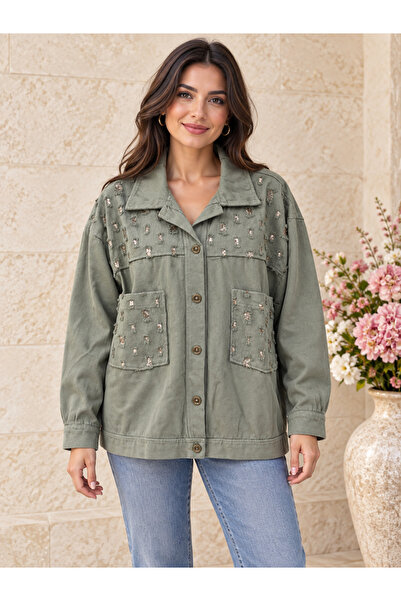 AGORATEKSTİL Women's Italian Gabardine Fabric Double Pocket Sequin Jacket 44-50