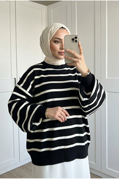 Kirazca Butik Women's Thin Striped Balloon Sleeve Oversize Knitwear Sweater T...