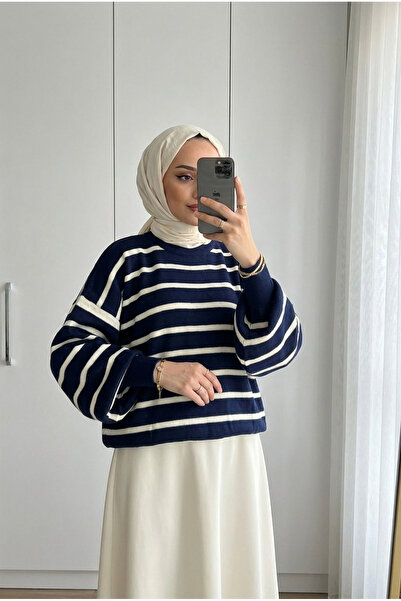 Kirazca Butik Women's Thin Striped Balloon Sleeve Oversize Knitwear Sweater T...
