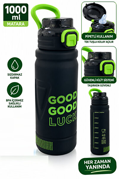 GÜZELYÜZ AVM Siyah Good Luck Matara Kilitli Kapak Pipetli 1000 mL Suluk Kapak...