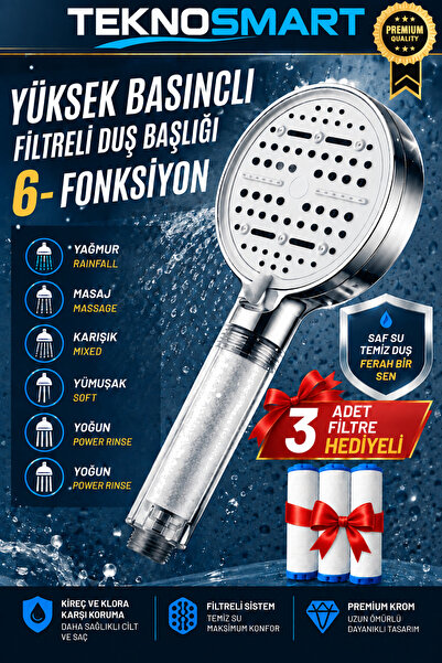 TEKNO 6 Fonksiyonlu Filtreli Duş Başlığı – Yüksek Basınç & Daha Temiz Su Krom