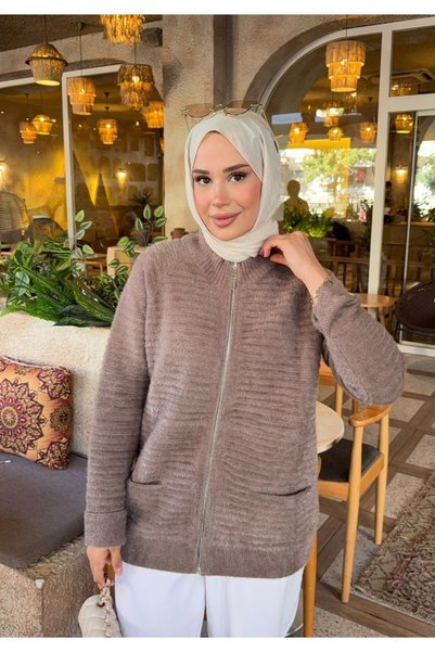 nurvina modest wear Mărimea 38/42 compatibilă cu tricotaje Angora de calitate premium, cardigan tesettür maro deschis