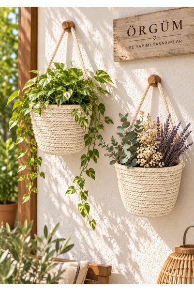 ÖRGÜM 12x11 cm Hasır Görünümlü 2’li Mini Sepet Dekoratif Duvar Askılı Sepet –...
