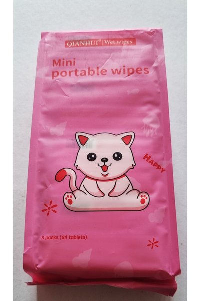 Modellino 1 Paket İçinde 8 Adet 8'li Paket / 64'lü Islak Mendil - Mini Baby Wet Wipes - Pembe Kedili Paket