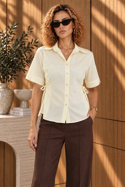 studio fashion 1988 Yellow Side Tie Detailed Short Sleeve Cotton Shirt