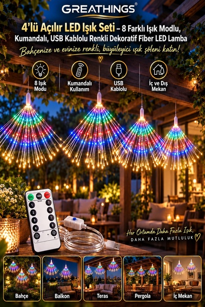 Greathings 4’lü Açılır Havai Fişe Işık LED Işık Seti 8 Modlu Kumandalı USB Ka...