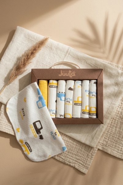 Babydonat 100% Cotton Yellow Car Patterned Baby Mouth Wipes Set - 7-Piece Soft Textured Set with Ecological Gift Box