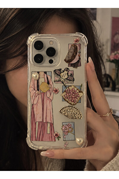 iPhone 14 Pro Max Japon Çiçek Desenli Şeffaf Telefon Kılıfı – El Yapımı Vintage Tasarım