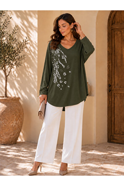 TUSSE Women's V-Neck Leopard Stone Embellished Viscose Flexible Plus Size Ove...