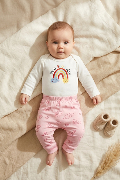 Babydonat طقم بناتي مكون من قطعتين من القطن بنسبة 100% باللون الوردي بنمط قوس...