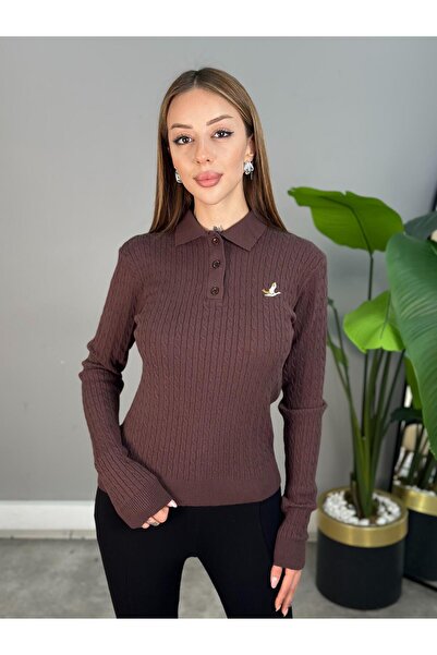Generic Brand Polo Collar Knitted Patterned Knitwear Sweater