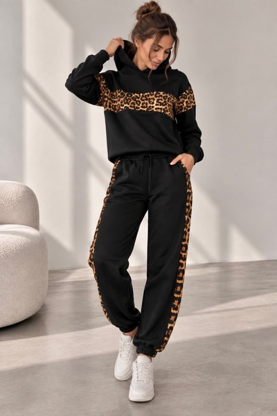 bb butik basic Leopar Şerit Detaylı Kapüşonlu Kadın Eşofman Takımı - Siyah ZG...