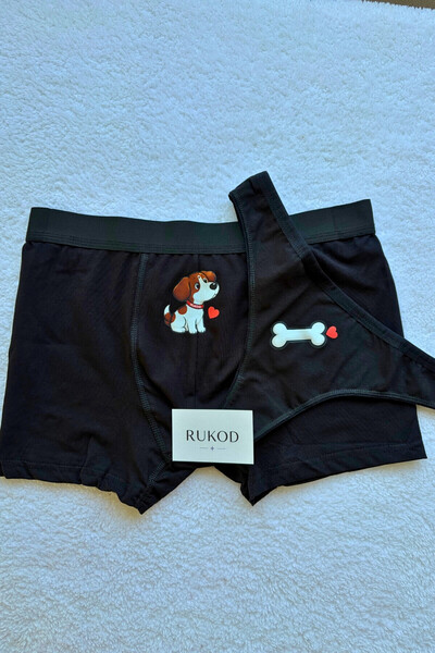 RUKOD Kadın Erkek Sevgili Siyah Köpek & Kemikli Tanga ve Boxer Çift Çamaşır İ...