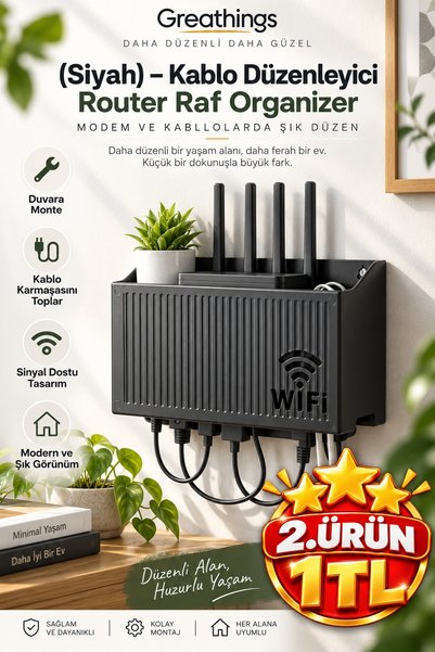 Greathings Siyah 24,5x14x6 cm Duvar Tipi Modem Rafı Wi-Fi Router Saklama Kutusu Kablo Düzenleyici