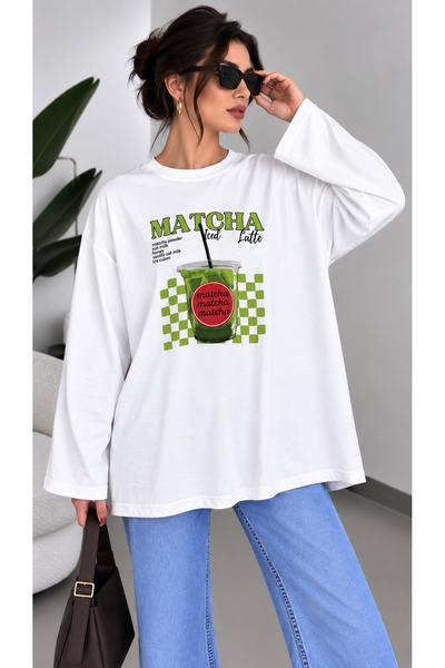ELİSSE Kadın Beyaz Matcha Baskılı Modal Kumaş Oversize Basic Uzun Kollu Tunik
