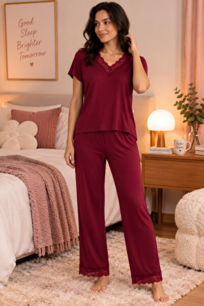 Jusmart Women's Short-Sleeved V-Neck Lez Lace Viscose Pajama Set Embroidered ...