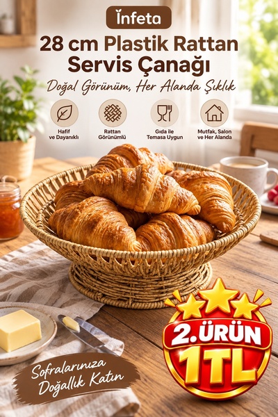 İnfeta 28 cm Plastic Rattan Serving Bowl Wicker Look Fruit Bread Presentation...