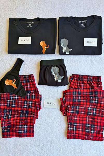 RUKOD ERKEK Tekli Siyah Kedicik & Farecik Pijama ve İç Giyim Takımı (Çift Pij...