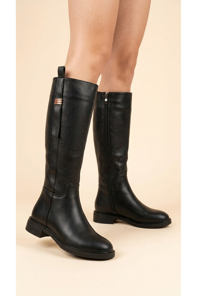 Moda Lime Women's Leather Look Zippered Short Heeled Below the Knee Winter Boots