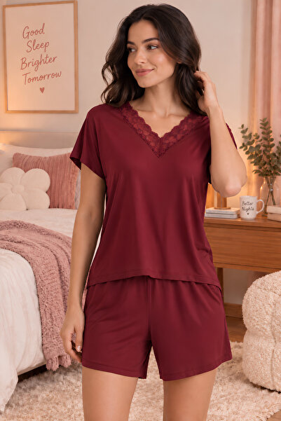 Jusmart Women's Short Sleeve V-Neck Lez Lace Viscose Shorts Set with Pockets ...
