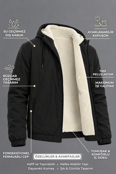 DAMGA JEANS معطف واق من المطر والرياح أسود اللون للرجال مبطن بالقطيفة للاستخد...