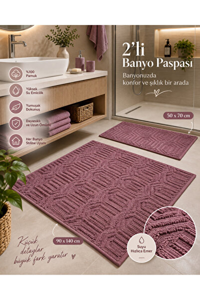 GLOMAR 2li Banyo Paspas Takımı Gül Kurusu Yumuşak Makinada Yıkanabilir 50x70 ...