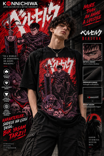 FG KONNİCHİWA Berserk Guts Anime Printed Black T-Shirt Tee Tshirt – Oversized...