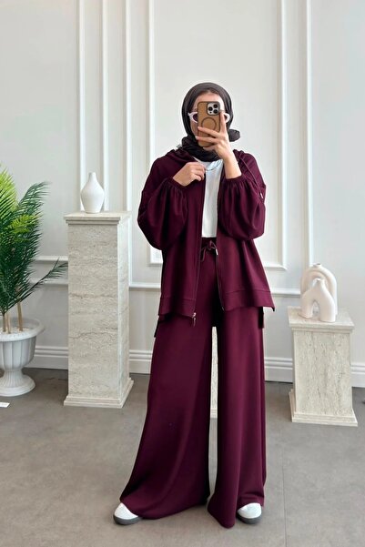 Moda Aydın Butik Women's Hooded Zippered Wide-Leg Pants Set - Burgundy