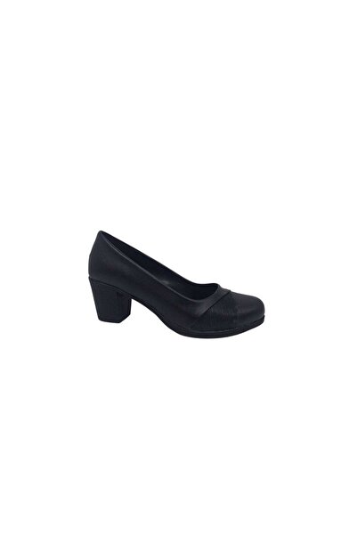 Zerhan 710 Women's Black Shimmering Stylish Thick Heeled Shoes