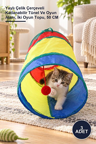 Yenilig 3 Pieces Cat Play Tunnel – Foldable Tunnel and Playground with Spring...