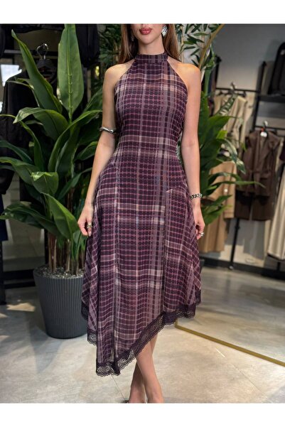 amurpars Asymmetrical Cut Plaid Halter Neck Maxi Dress