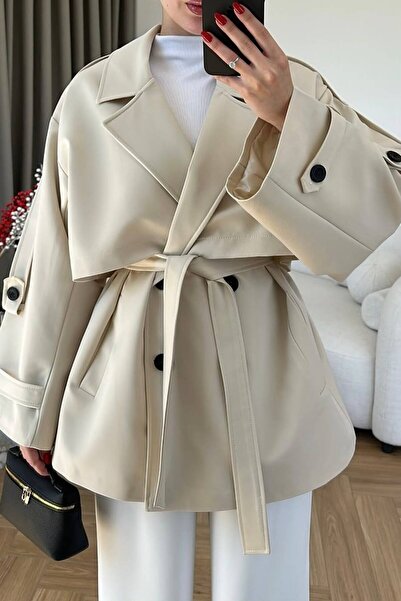 Suziş Stone Beige Belted Oversize Standard Size Short Trench 9580