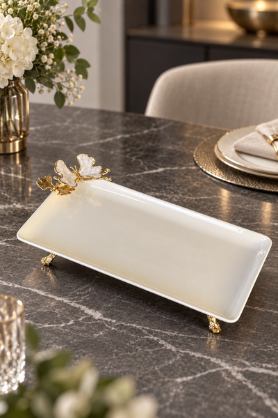 MAY HOME Porselen Dikdörtgen Sunum Tabağı & Metal Ayaklı Servislik (33X17 Cm ...