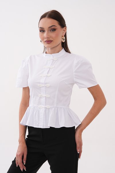 Noravelle Women's White Chinese Style High Collar Flounce Poplin Blouse with Closure Detail